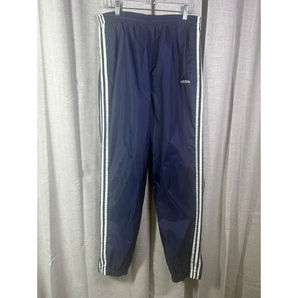 Adidas Mens Vtg 90s Track Pants Navy White Stripe Nylon Windbreaker XL Zip Leg